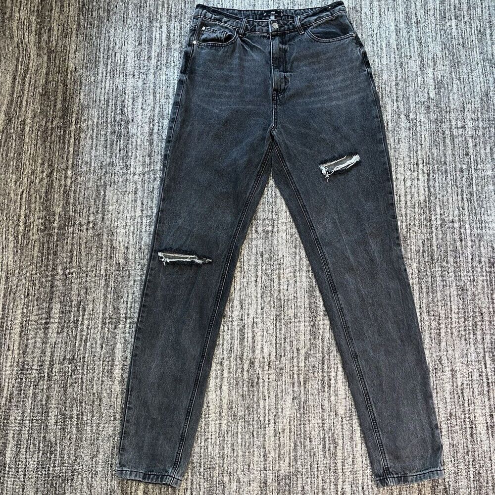 Missguided Riot High Rise Mom Jeans Size 10R Black Denim Frayed Hem Cotton Blend